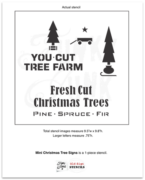Mini Christmas Tree Signs is a versatile Christmas tree-themed stencil kit sized for smaller projects! Designed with two trees, sleigh, crate, sack, wagon, with You Cut Tree Farm, Fresh Cut Christmas Trees and Pine Spruce Fir.