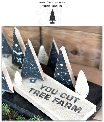 Mini Christmas Tree Signs is a versatile Christmas tree-themed stencil kit sized for smaller projects! Designed with two trees, sleigh, crate, sack, wagon, with You Cut Tree Farm, Fresh Cut Christmas Trees and Pine Spruce Fir.