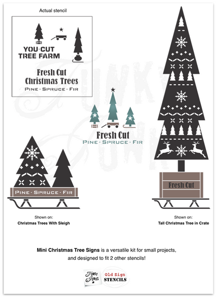 Mini Christmas Tree Signs is a versatile Christmas tree-themed stencil kit sized for smaller projects! Designed with two trees, sleigh, crate, sack, wagon, with You Cut Tree Farm, Fresh Cut Christmas Trees and Pine Spruce Fir.