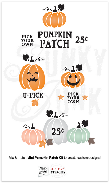 Mini Pumpkin Patch Kit stencil  by Funky Junk's Old Sign Stencils is a 1 sheet stencil of various mix and match pumpkin patch-themed images in compact sizes! Includes Pumpkin Patch, 2 pumpkins,  4 carved Pumpkin face stencils, Pick Your Own, U-Pick, 25 cents, a star, and fall leaf. Designed to create mini wooden pumpkins using the carved faces!