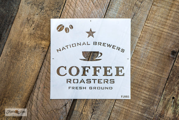 National Brewers Coffee stencil by Funky Junk's Old Sign Stencils is a coffee-themed stencil with a true coffee shop vibe! Styled around a vintage crate, this design includes a coffee cup graphic. Available in 2 sizes, perfect for small or larger rustic coffee signs.