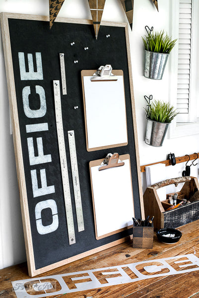 Revamping a plain cork board is easy with Office by Funky Junk's Old Sign Stencils! Paint the board, add a sign and you're ready to work!