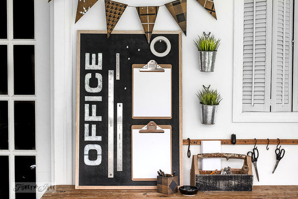 Revamping a plain cork board is easy with Office by Funky Junk's Old Sign Stencils! Paint the board, add a sign and you're ready to work!
