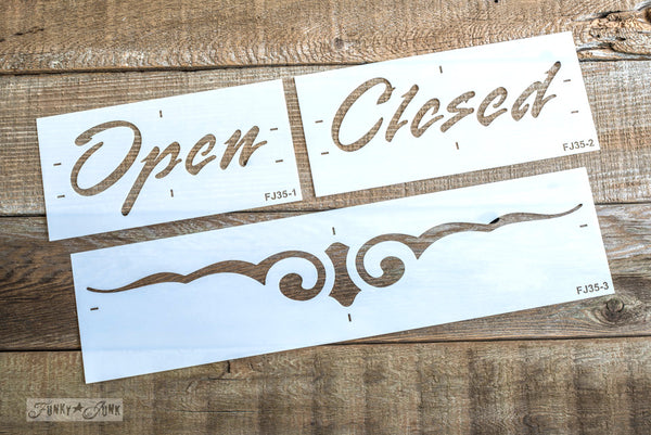 Open - Closed - Flourish stencils to create rustic farmhouse styled signs. By Funky Junk's Old Sign Stencils