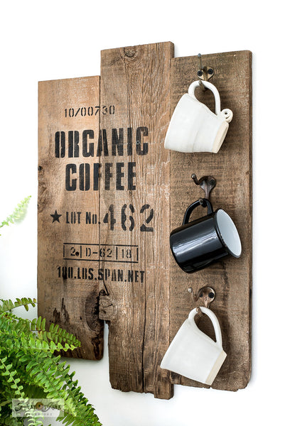 Love a great coffee shop vibe? Recreate the look of an authentic coffee sack or coffee sign with the Organic Coffee stencil by Funky Junk's Old Sign Stencils! Stencil rustic letters or numbers onto any fabric, burlap or wood to instantly create the look of burlap coffee bags, wooden shipping crates or wooden pallets.