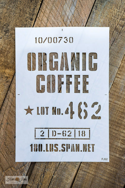 Love a great coffee shop vibe? Recreate the look of an authentic coffee sack or coffee sign with the Organic Coffee stencil by Funky Junk's Old Sign Stencils! Stencil rustic letters or numbers onto any fabric, burlap or wood to instantly create the look of burlap coffee bags, wooden shipping crates or wooden pallets.
