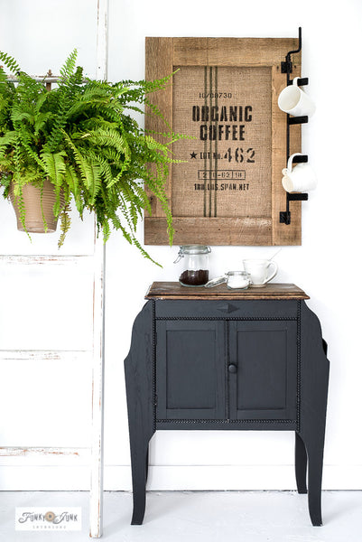 Organic Coffee stencil by Funky Junk's Old Sign Stencils is a coffee bean burlap sack stencil design, perfect for a coffee shop vibe! Team it up with any of our Grain Sack Stripe stencils (sold separately) to get a full authentic take! Stencil on burlap, reclaimed wood, furniture, or any project desired.