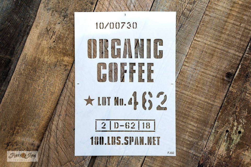 Love a great coffee shop vibe? Recreate the look of an authentic coffee sack or coffee sign with the Organic Coffee stencil by Funky Junk's Old Sign Stencils! Stencil rustic letters or numbers onto any fabric, burlap or wood to instantly create the look of burlap coffee bags, wooden shipping crates or wooden pallets.