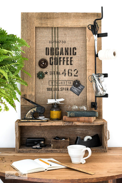 Organic Coffee stencil by Funky Junk's Old Sign Stencils is a coffee bean burlap sack stencil design, perfect for a coffee shop vibe! Team it up with any of our Grain Sack Stripe stencils (sold separately) to get a full authentic take! Stencil on burlap, reclaimed wood, furniture, or any project desired.