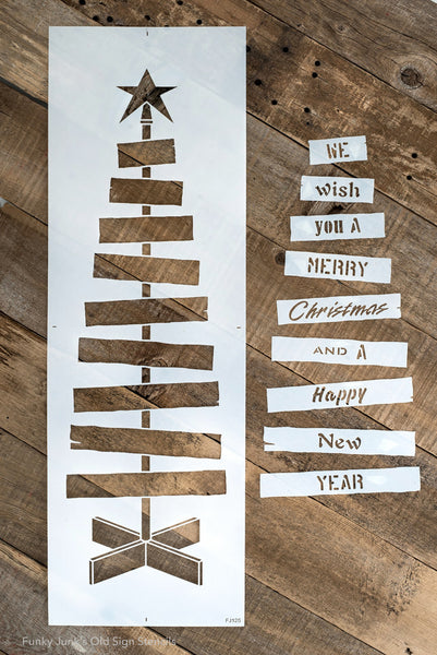 Pallet Christmas Tree is a unique vertical wood Christmas tree stencil designed as if it's built from pallet wood! Planks ranging from smaller to larger are attached to a center post, topped with a tree star, ending with a wood tree skirt. We Wish You A Merry Christmas is included. Makes a perfect Christmas porch sign.