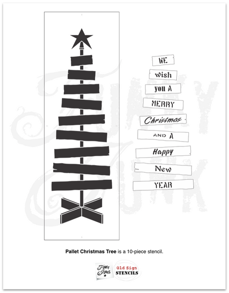 Decorate your porch with a rustic-look this Christmas with the Pallet Christmas Tree stencil! Get the look of a real pallet wood Christmas tree with minimal effort - no major building required! Includes 1 tall tree stencil plus 9 wood plank stencils with the words, "We Wish You A Merry Christmas and a Happy New Year".