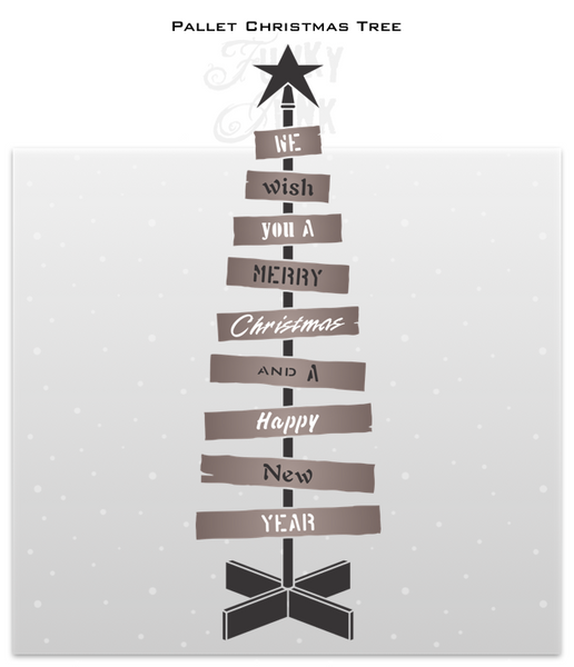 Pallet Christmas Tree is a unique vertical wood Christmas tree stencil designed as if it's built from pallet wood! Planks ranging from smaller to larger are attached to a center post, topped with a tree star, ending with a wood tree skirt. We Wish You A Merry Christmas is included. Makes a perfect Christmas porch sign.