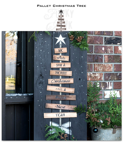 Decorate your porch with a rustic-look this Christmas with the Pallet Christmas Tree stencil! Get the look of a real pallet wood Christmas tree with minimal effort - no major building required! Includes 1 tall tree stencil plus 9 wood plank stencils with the words, "We Wish You A Merry Christmas and a Happy New Year".