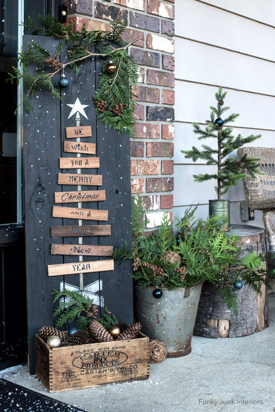 Pallet Christmas Tree is a unique vertical wood Christmas tree stencil designed as if it's built from pallet wood! Planks ranging from smaller to larger are attached to a center post, topped with a tree star, ending with a wood tree skirt. We Wish You A Merry Christmas is included. Makes a perfect Christmas porch sign.