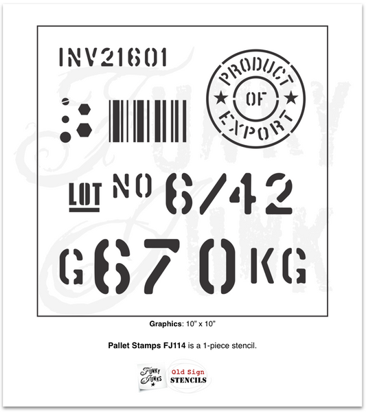 Pallet Stamps pallet stencil by Funky Junk's Old Sign Stencils is a pallet stencil designed to get the look of authentic pallet markings on any project! This pallet sign stencil is designed with random numbers, a product of export logo, scan code, and nail heads and bolt head images. Stencil crates, wood projects, and more.