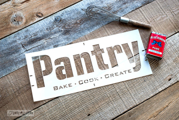 Pantry by Funky Junk's Old Sign Stencils. Paint professional looking vintage farmhouse styled pantry signs onto reclaimed wood with a stencil in minutes!