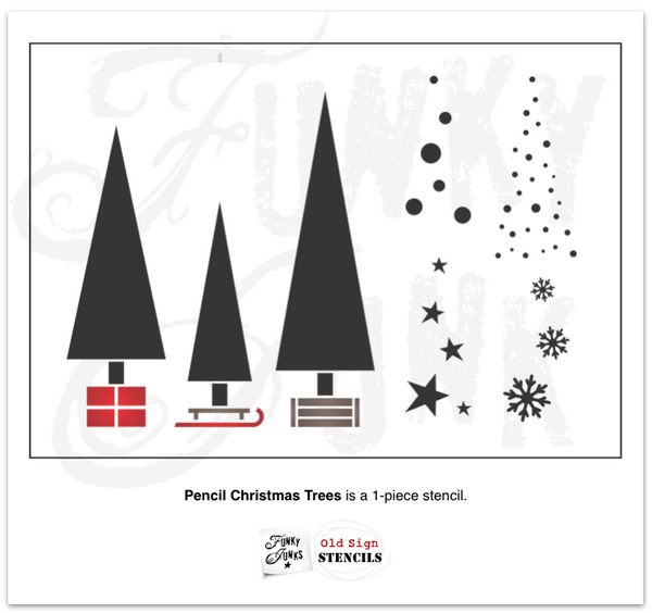 Pencil Christmas Trees stencil by Funky Junk's Old Sign Stencils is a Christmas stencil kit that includes 3 tall skinny rectangle Christmas trees in different sizes, each with its own unique sleigh, present or crate tree skirts. Included are 4 ways to decorate the trees with ornaments, snowfall, stars and snowflakes.