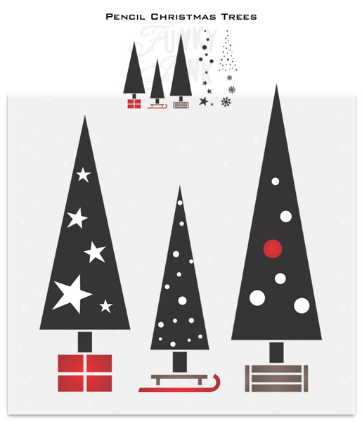 Pencil Christmas Trees stencil by Funky Junk's Old Sign Stencils is a Christmas stencil kit that includes 3 tall skinny rectangle Christmas trees in different sizes, each with its own unique sleigh, present or crate tree skirts. Included are 4 ways to decorate the trees with ornaments, snowfall, stars and snowflakes.