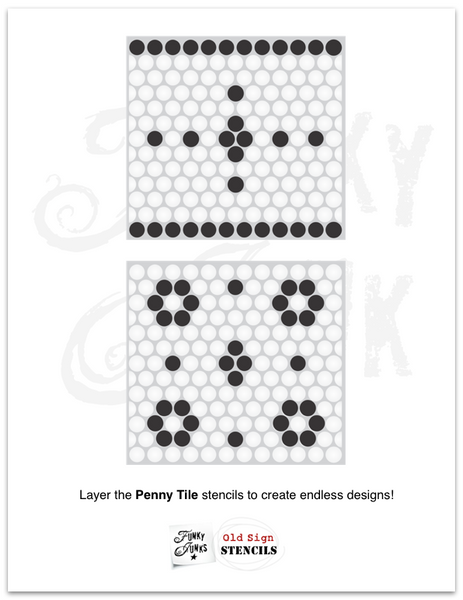 The Penny Tile stencil by Funky Junk's Old Sign Stencils is a reusable, repeating pattern 2-piece stencil kit that mimics the look of classic penny tiles! Included is a Tile stencil, as well as a Designs stencil to easily add designs and borders to your tiles!