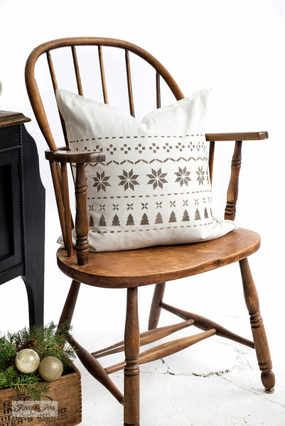 Poinsettia Christmas Sweater is a repeating Christmas pattern stencil that resembles a real sweater! This stencil pattern includes poinsettia leaves, Christmas trees and various cross stitch images. Perfectly sized to create cozy Christmas pillows, furniture details or add patterns to other stencils.