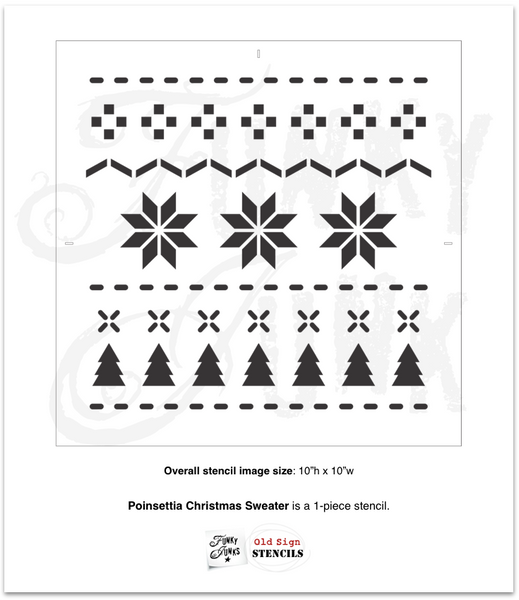 Poinsettia Christmas Sweater is a repeating Christmas pattern stencil that resembles a real sweater! This stencil pattern includes poinsettia leaves, Christmas trees and various cross stitch images. Perfectly sized to create cozy Christmas pillows, furniture details or add patterns to other stencils.