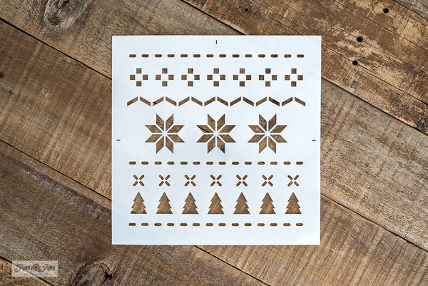 Poinsettia Christmas Sweater is a repeating Christmas pattern stencil that resembles a real sweater! This stencil pattern includes poinsettia leaves, Christmas trees and various cross stitch images. Perfectly sized to create cozy Christmas pillows, furniture details or add patterns to other stencils.