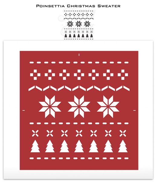 Poinsettia Christmas Sweater is a repeating Christmas pattern stencil that resembles a real sweater! This stencil pattern includes poinsettia leaves, Christmas trees and various cross stitch images. Perfectly sized to create cozy Christmas pillows, furniture details or add patterns to other stencils.