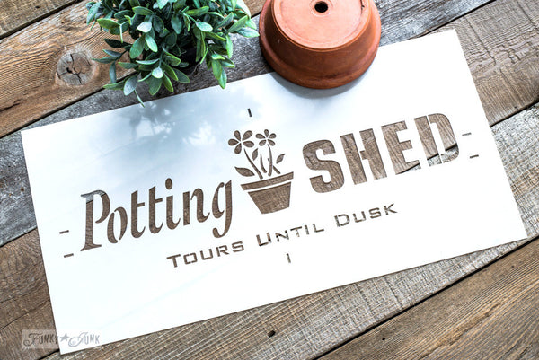 Potting Shed by Funky Junk's Old Sign Stencils. Paint professional looking vintage farmhouse styled garden signs onto reclaimed wood with a stencil in minutes!