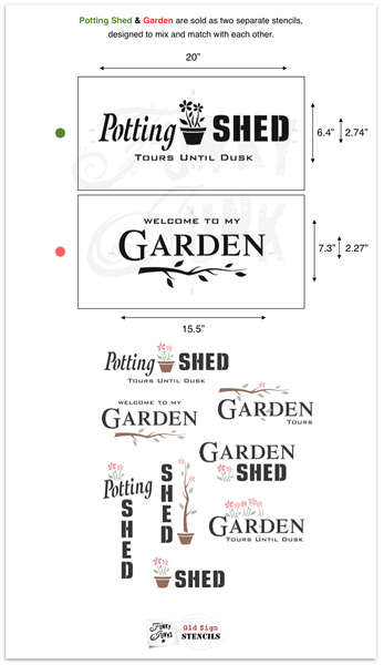 Welcome To My Garden and Potting Shed, two mix & match stencils by Funky Junk's Old Sign Stencils. Paint professional looking garden themed signs onto reclaimed wood in minutes with this summer infused stencil design complete with a whimsical branch graphic.