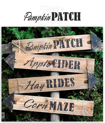 Pumpkin Patch fall stencil by Funky Junk's Old Sign Stencils is the perfect stencil for fall or Halloween decorating! Create a sign on reclaimed wood, use it on furniture, or anywhere desired! Collect all our fall signs that match - Corn Maze, Hay Rides and Apple Cider.