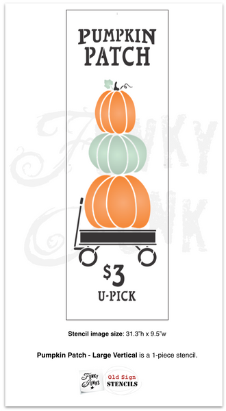 Pumpkin Patch with Pumpkins fall stencils by Funky Junk's Old Sign Stencils come in 2 sizes! Small includes 1 pumpkin graphic, sized for throw pillows, crates or smaller projects.  Large vertical includes 3 stacked pumpkins on a vintage wagon & $3 each, sized for a vertical porch sign.