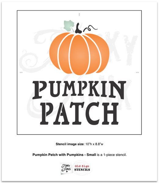Pumpkin Patch with Pumpkins fall stencils by Funky Junk's Old Sign Stencils come in 2 sizes! Small includes 1 pumpkin graphic, sized for throw pillows, crates or smaller projects.  Large vertical includes 3 stacked pumpkins on a vintage wagon & $3 each, sized for a vertical porch sign.