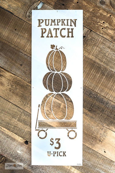 Pumpkin Patch with Pumpkins fall stencils by Funky Junk's Old Sign Stencils come in 2 sizes! Small includes 1 pumpkin graphic, sized for throw pillows, crates or smaller projects. Large vertical includes 3 stacked pumpkins on a vintage wagon & $3 each, sized for a vertical porch sign.