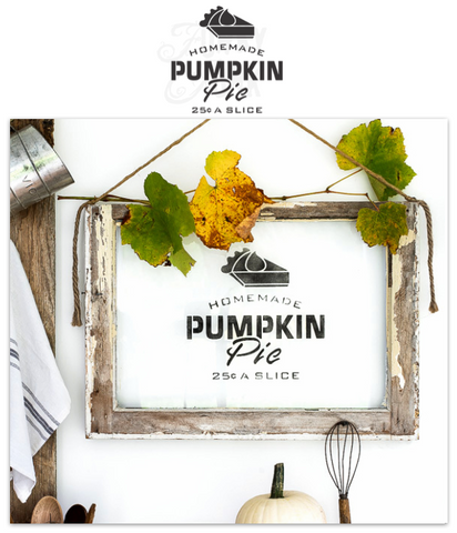 Homemade Pumpkin Pie 25 Cents A Slice by Funky Junk's Old Sign Stencils is a fall stencil that celebrates your love for homemade baking! Designed with bold and script letters, and a slice of pumpkin pie topped with whipping cream. This fall stencil is designed to fit small crates, windows, pillows, placemats, and more!