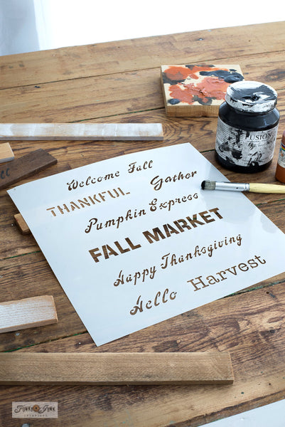 Stencil mini fall signs with Fall Greetings - Small fall stencil by Funky Junk's Old Sign Stencils!