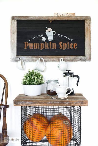Pumpkin Spice - Lattes - Coffee - Teas by Funky Junk's Old Sign Stencils. Toast the fall season with a Pumpkin Spice while making a sign to match with this stencil! This delicious iconic beverage stencil caters to Lattes, Coffee, and Tea. Comes with a tall mug of Pumpkin Spice and a cinnamon stick graphic.Pumpkin Spice Lattees, Coffee, Teas with a mug and cinnamon stick graphic stencil - by Funky Junks's Old Sign Stencils