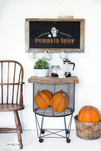 Pumpkin Spice - Lattes - Coffee - Teas by Funky Junk's Old Sign Stencils. Toast the fall season with a Pumpkin Spice while making a sign to match with this stencil! This delicious iconic beverage stencil caters to Lattes, Coffee, and Tea. Comes with a tall mug of Pumpkin Spice and a cinnamon stick graphic.Pumpkin Spice Lattees, Coffee, Teas with a mug and cinnamon stick graphic stencil - by Funky Junks's Old Sign Stencils