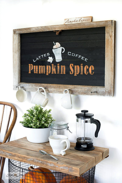 Pumpkin Spice - Lattes - Coffee - Teas by Funky Junk's Old Sign Stencils. Toast the fall season with a Pumpkin Spice while making a sign to match with this stencil! This delicious iconic beverage stencil caters to Lattes, Coffee, and Tea. Comes with a tall mug of Pumpkin Spice and a cinnamon stick graphic.Pumpkin Spice Lattees, Coffee, Teas with a mug and cinnamon stick graphic stencil - by Funky Junks's Old Sign Stencils
