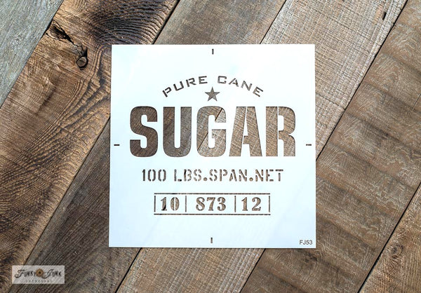 Pure Cane Sugar stencil by Funky Junk's Old Sign Stencils. This stencil is designed as a classic vintage logo with a star graphic, including weights and stamps that will make an impressively authentic crate stamp or grain sack, especially when teamed up with our Grain Sack Stripe stencils!