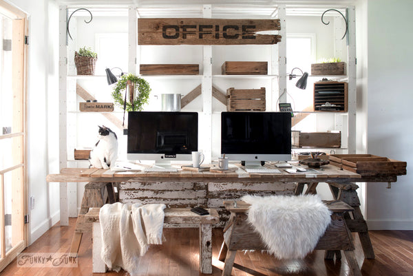 Make this large Office sign on reclaimed wood easily with a stencil, loaded with farmhouse charm using Funky Junk's Old Sign Stencils!