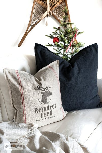 Reindeer Feed is a Christmas-themed stencil designed to mimic a feed grain sack. A reindeer head logo surrounded by gentle falling snow, along with a net weight makes this one feel like the real deal. Perfect for signs, pillows, gifts, and would look charming as a Santa sack to wrap presents with!