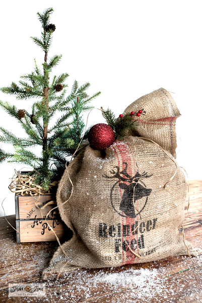 Create a realistic grain sack with Reindeer Feed and Grain Sack Stripe stencils with Funky Junk's Old Sign Stencils!
