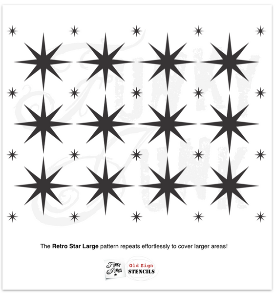 The Retro Star - Large stencil by Funky Junk's Old Sign Stencils is a reusable, repeating pattern stencil that mimics the look of vintage star tiles! Designed with 1 large center star, and 4 smaller surrounding stars in the corners for easy repeating. For stenciling floors, walls, customizing door mats, and more!