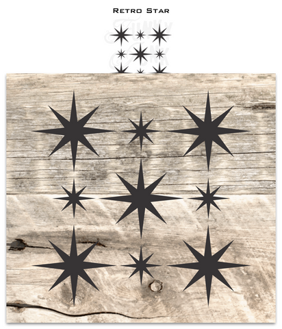 Retro Star stencil by Funky Junk's Old Sign Stencils is a repeating, reusable pattern stencil that mimics the popular vintage star tiles! However this pattern is scaled smaller, so you can get the vintage star look on any sized project desired! The star design includes large and small starburst images.