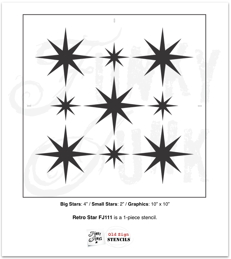 Retro Star stencil by Funky Junk's Old Sign Stencils is a repeating, reusable pattern stencil that mimics the popular vintage star tiles! However this pattern is scaled smaller, so you can get the vintage star look on any sized project desired!  The star design includes large and small starburst images.