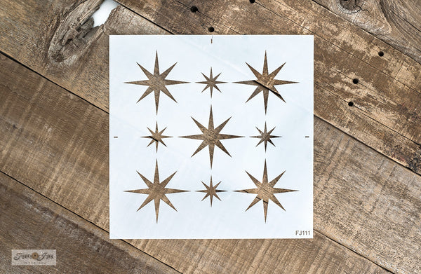 Retro Star stencil by Funky Junk's Old Sign Stencils is a repeating, reusable pattern stencil that mimics the popular vintage star tiles! However this pattern is scaled smaller, so you can get the vintage star look on any sized project desired! The star design includes large and small starburst images.