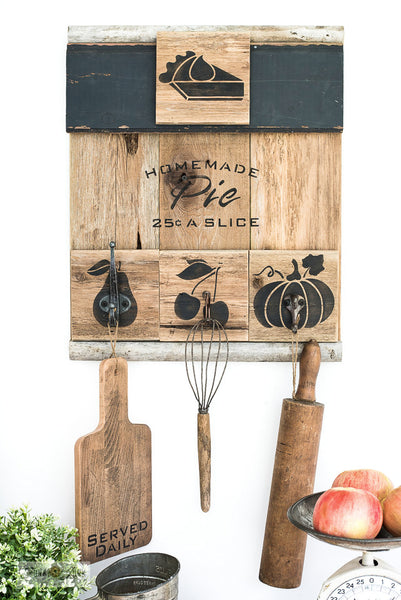 Homemade Pumpkin Pie 25 Cents A Slice by Funky Junk's Old Sign Stencils is a fall stencil that celebrates your love for homemade baking! Designed with bold and script letters, and a slice of pumpkin pie topped with whipping cream. This fall stencil is designed to fit small crates, windows, pillows, placemats, and more!