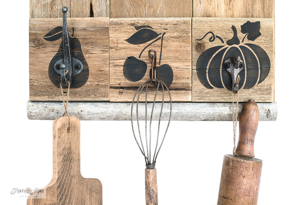 Stencil this charming rustic farmhouse Homemade Pie sign with the Homemade Pumpkin Pie  and Fall Produce Graphics stencils from Funky Junk's Old Sign Stencils!