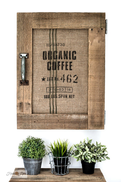 Organic Coffee stencil by Funky Junk's Old Sign Stencils is a coffee bean burlap sack stencil design, perfect for a coffee shop vibe! Team it up with any of our Grain Sack Stripe stencils (sold separately) to get a full authentic take! Stencil on burlap, reclaimed wood, furniture, or any project desired.
