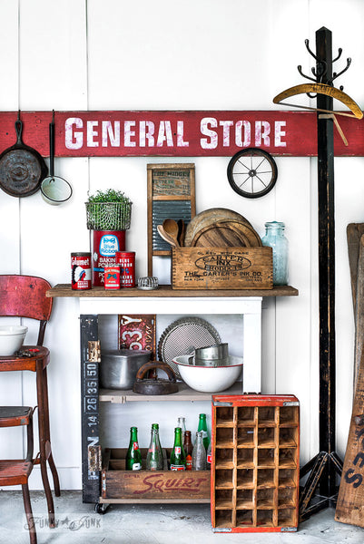 General Store by Funky Junk's Old Sign Stencils is a bold, timeless stencil that helps you design your own version of an antique store sign. Inspired by the thrill of the hunt in a store that has a little bit of everything, from farm supplies, sundries, gardening supplies, antiques and of course the best candy in town!